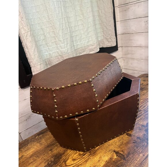 Studded Octagon Faux Leather Storage Box With Lid - Vintage-Inspired Decorative - Picture 11 of 16
